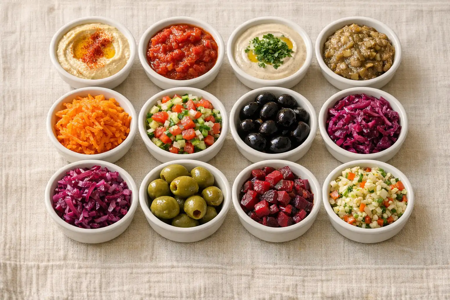 כמויות סלטים לאירוע - 12 סלטים ישראליים מסורתיים בקערות פורצלן