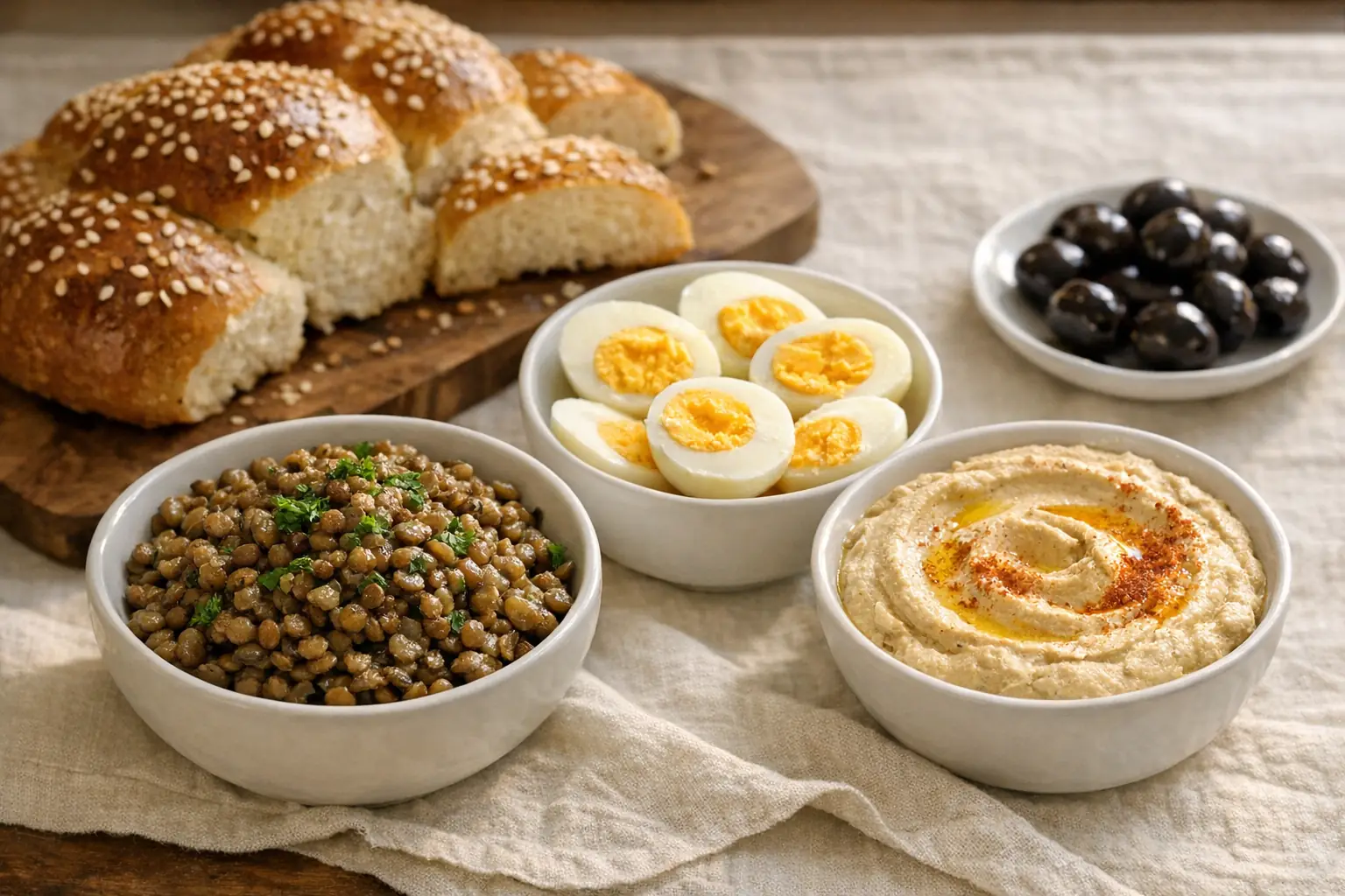 התפריט - ביצים קשות, עדשים מבושלות וחומוס עם טחינה