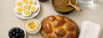 סעודת הבראה - תפריט מסורתי כשר עם ביצים, עדשים, לחם עגול וטחינה