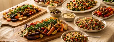קייטרינג טבעוני מחיר - שולחן טבעוני עשיר כשר עם קטניות קינואה וירקות